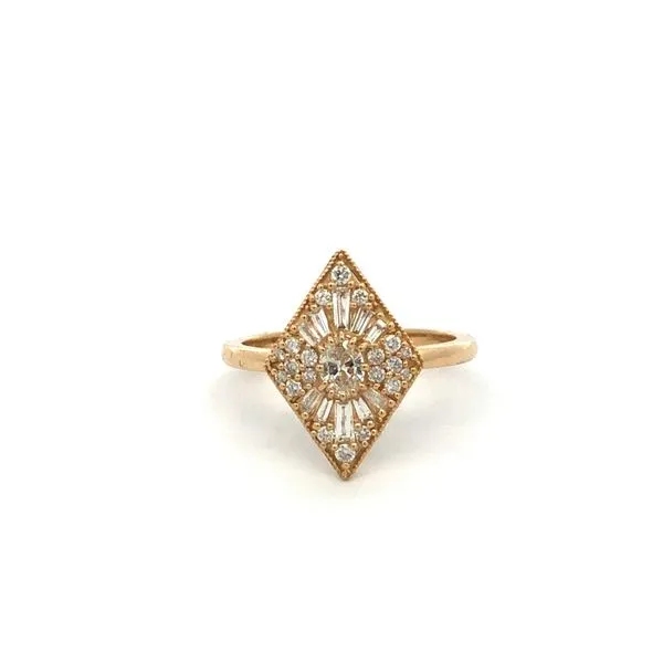 14k yellow gold fashion ring freaturing 1/2cttw natural diamonds in a kite design at top of ring. ring design is formed of oval, Hudson Valley Goldsmith New Paltz, NY