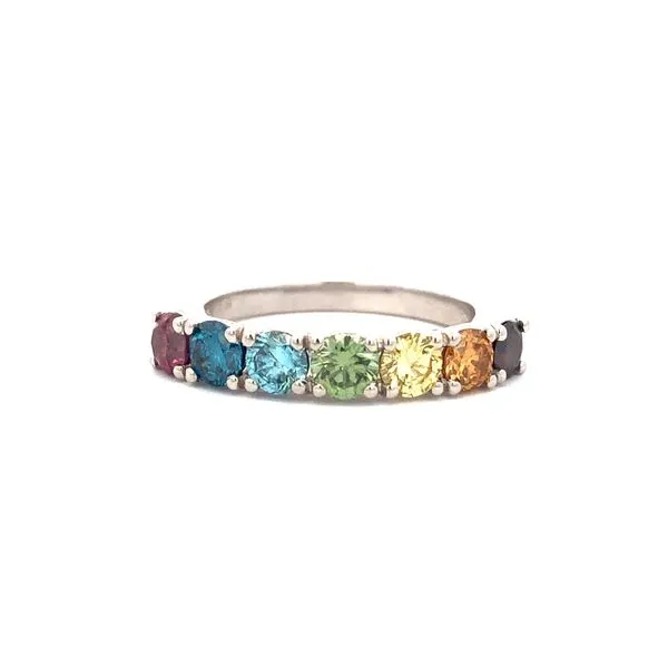 14 K White Gold Rainbow Diamond Band Featuring 1.53 Ctw Of Enhanced Color Red, Dark Blue, Orange, Yellow, Green And Pink Diamonds Hudson Valley Goldsmith New Paltz, NY