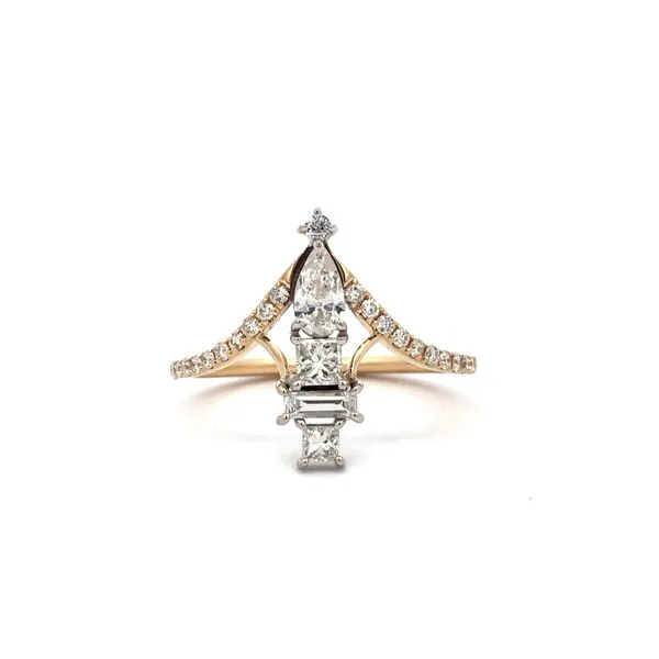 One of a kind, 14k yellow / White gold custom ring featuring 0.75cttw round and fancy shape natural diamonds. (G/H SI1 - SI2) custom chevron curved and elongated ring Hudson Valley Goldsmith New Paltz, NY