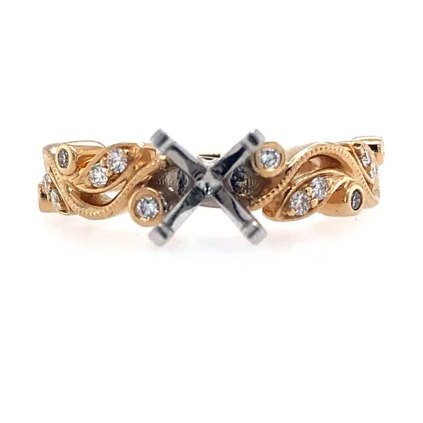14k yellow gold Fancy floral Semi mount.14ctw diamonds four prong white gold head Hudson Valley Goldsmith New Paltz, NY