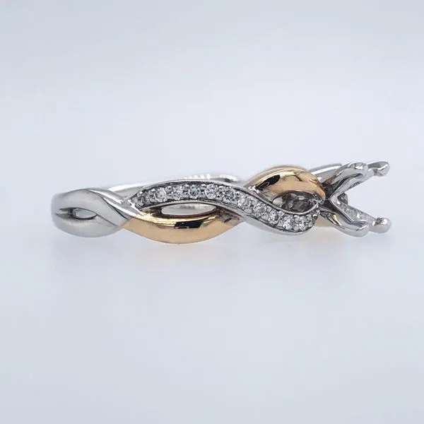 14k white and yellow gold semi-mount ring featuring a twist design between the gold colors. Hand set along the top of the white  Image 2 Hudson Valley Goldsmith New Paltz, NY
