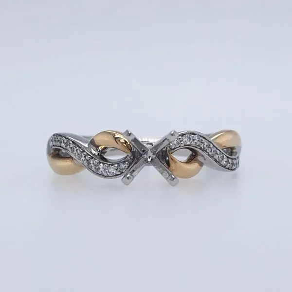 14k white and yellow gold semi-mount ring featuring a twist design between the gold colors. Hand set along the top of the white  Hudson Valley Goldsmith New Paltz, NY