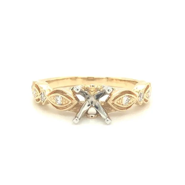 14k yellow gold fancy open milgrain & 0.12CTTW diamond 4prong semi-mount Hudson Valley Goldsmith New Paltz, NY