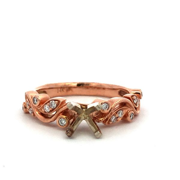 14k rose gold Fancy floral Semi mount featuring 0.14ctw diamonds hand set along pattern of the band. Hudson Valley Goldsmith New Paltz, NY