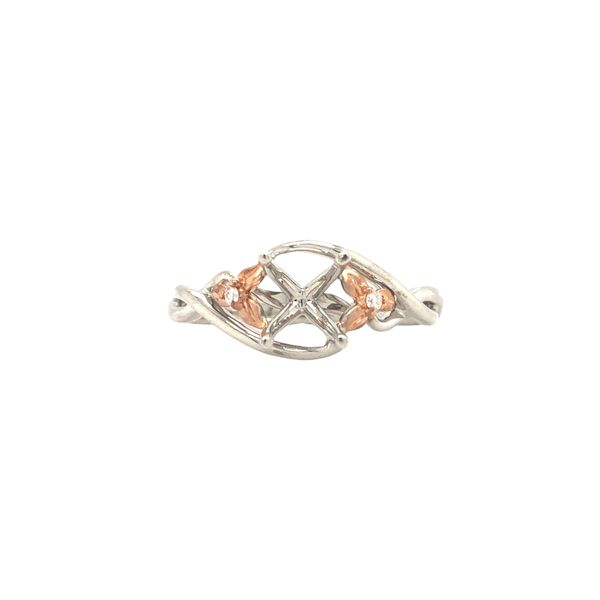 18k white gold semi mount ring with rose gold floral accents featuring 0.02cttw diamonds hand set in center of floral designs. S Hudson Valley Goldsmith New Paltz, NY