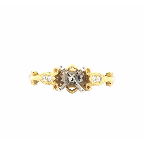 14K White and Yellow Gold Semi Mount.05CTTW diamonds milgrain design swirl Hudson Valley Goldsmith New Paltz, NY