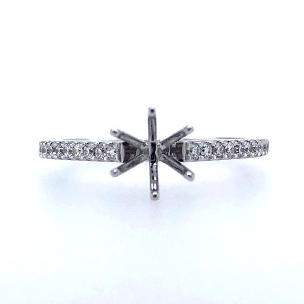 14k white gold straight diamond semi mount featuring 0.18cttw round brilliant cut diamonds hand set down a straight band for a c Hudson Valley Goldsmith New Paltz, NY