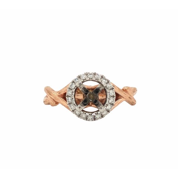 14k rose gold semi-mount ring with a 14k white gold 0.16cttw round brilliant diamond center design. Along the ring features a te Hudson Valley Goldsmith New Paltz, NY