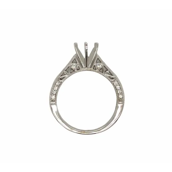 14k white gold semi-mount ring with a classical twist to a solitaire setting. Flowing design elements, milligrain textures, and  Hudson Valley Goldsmith New Paltz, NY
