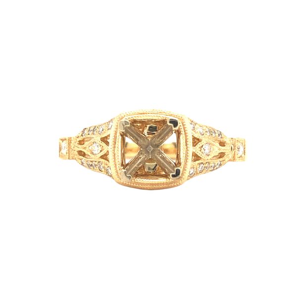 14k yellow gold semi-mount ring featuring 0.15cttw accenting diamonds and milgrain edges Hudson Valley Goldsmith New Paltz, NY