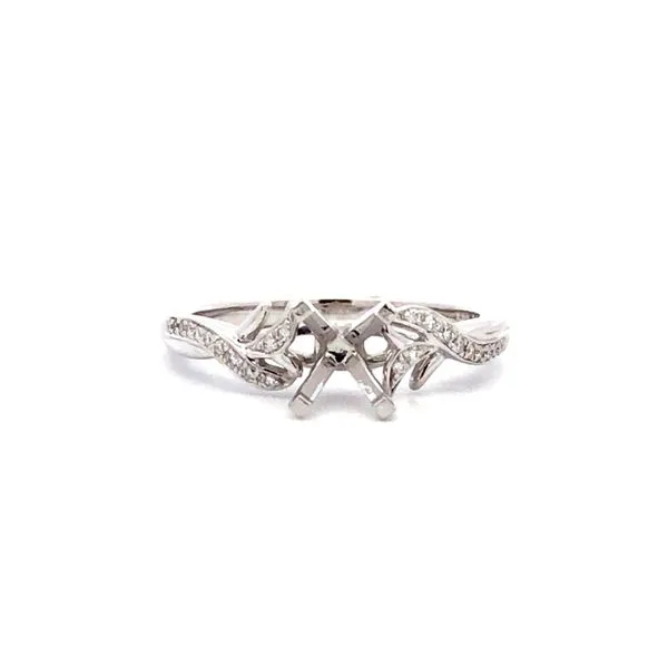 14k white gold semi-mount ring featuring 0.09cttw brilliant diamonds hand set along the top of the rings with swirl-ish pattern  Hudson Valley Goldsmith New Paltz, NY