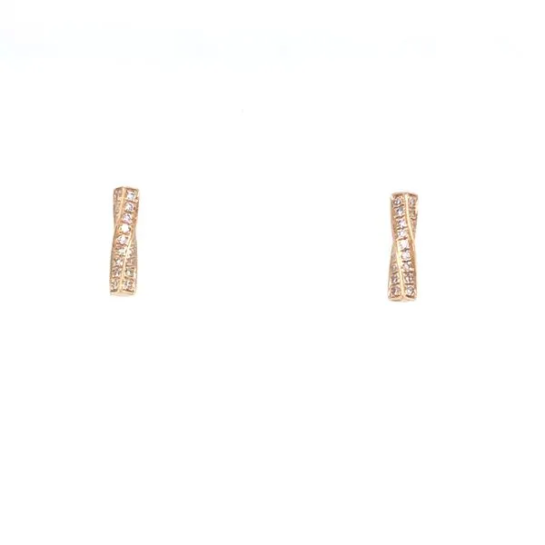 14k yellow gold post earrings with and set 0.17cttw round diamonds between the twisting design. The earrings have posts with hea Hudson Valley Goldsmith New Paltz, NY