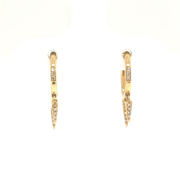 14k yellow gold huggie style earrings featuring three drops on each earring with 0.07cttw round diamonds set along the front of  Hudson Valley Goldsmith New Paltz, NY