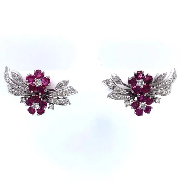 ESTATE 14k white gold vintage earrings featuring 0.50cttw of diamonds and pinkish-red rubies set in floral patterns. The earring Hudson Valley Goldsmith New Paltz, NY