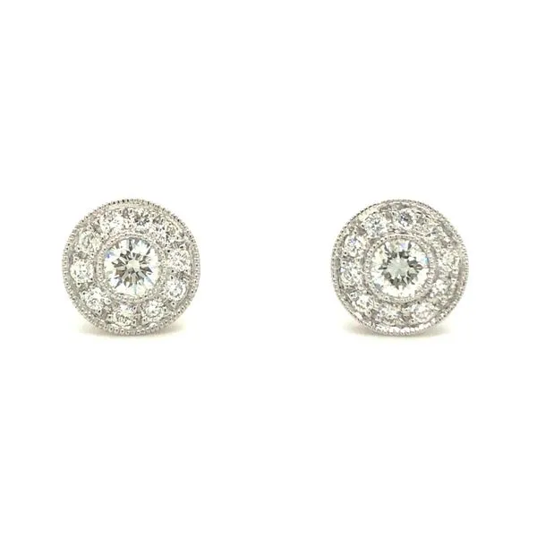 14K White Gold post earrings featuring 0.50 ctw Diamonds set in the center and halo design with milgrain edges. heavy friction b Hudson Valley Goldsmith New Paltz, NY