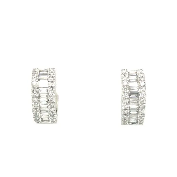 14k white gold huggie style earrings featuring 0.45cttw of round and straight baguette diamonds hand set along the front portion Image 2 Hudson Valley Goldsmith New Paltz, NY