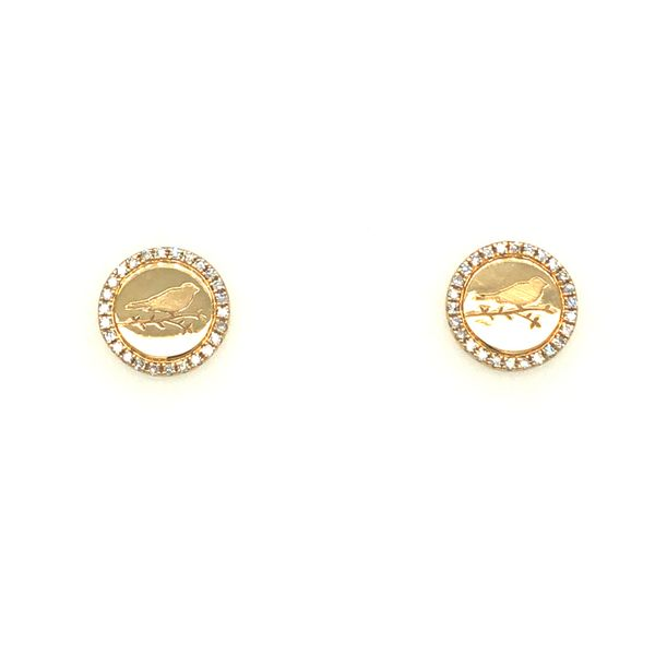 14k yellow gold stud earring featuring engraved bird on center of a 9mm round disc with a halo design of 0.14cttw round diamonds Hudson Valley Goldsmith New Paltz, NY