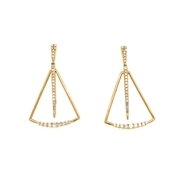 14k yellow gold post earrings featuring drop designs hand set with 1/3cttw round diamonds. earrings include heavy friction backs Hudson Valley Goldsmith New Paltz, NY