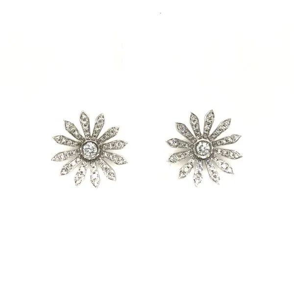 14k white gold floral post earrings featuring 0.30cttw diamonds hand set along the design. double notched posts with heavy frict Hudson Valley Goldsmith New Paltz, NY