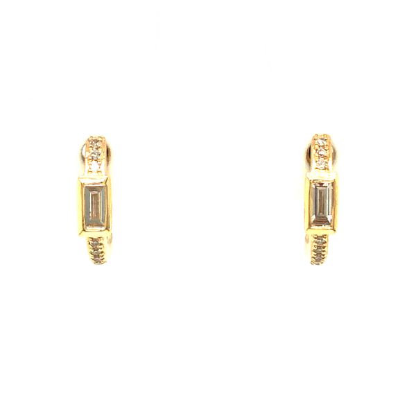 14k yellow gold huggie style earrings featuring 0.17cttw round and straight baguette cut diamonds Hudson Valley Goldsmith New Paltz, NY