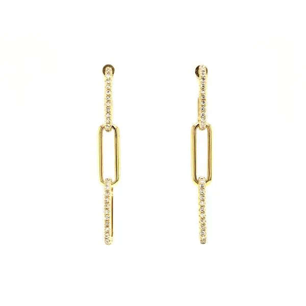 14k yellow gold post earrings featuring three paperclip style drops, two drops have hand set 0.16cttw diamonds along the front Hudson Valley Goldsmith New Paltz, NY