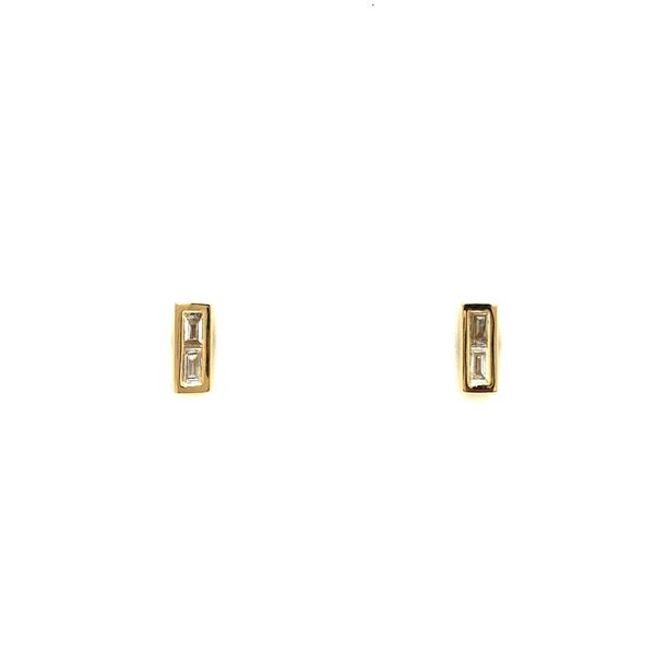 14k yellow gold petite stud earrings featuring 0.06cttw straight baguette diamonds double bezel set Hudson Valley Goldsmith New Paltz, NY