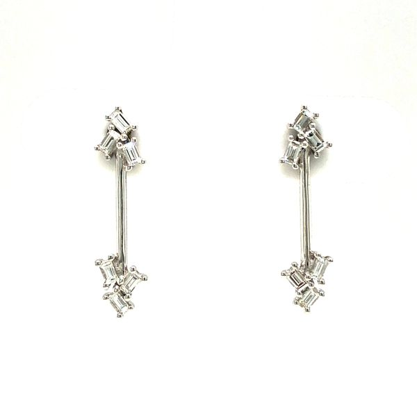 18k white gold post earrings featuring 0.26cttw straight baguette diamonds off set at top, solid drop, off set at bottom of desi Hudson Valley Goldsmith New Paltz, NY