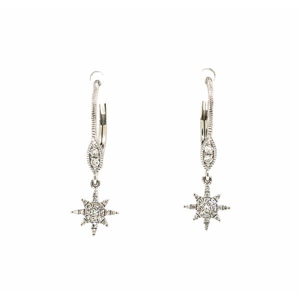 White gold &.16ctw diamond star burst dangle on lever back earrings Hudson Valley Goldsmith New Paltz, NY