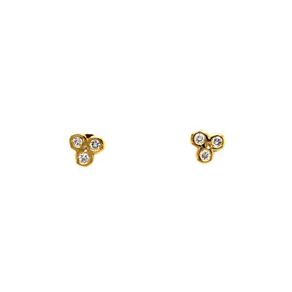 14k yellow gold triangular three stone bezel set diamond earrings featuring 0.10cttw round brilliant diamonds. Heavy friction po Hudson Valley Goldsmith New Paltz, NY