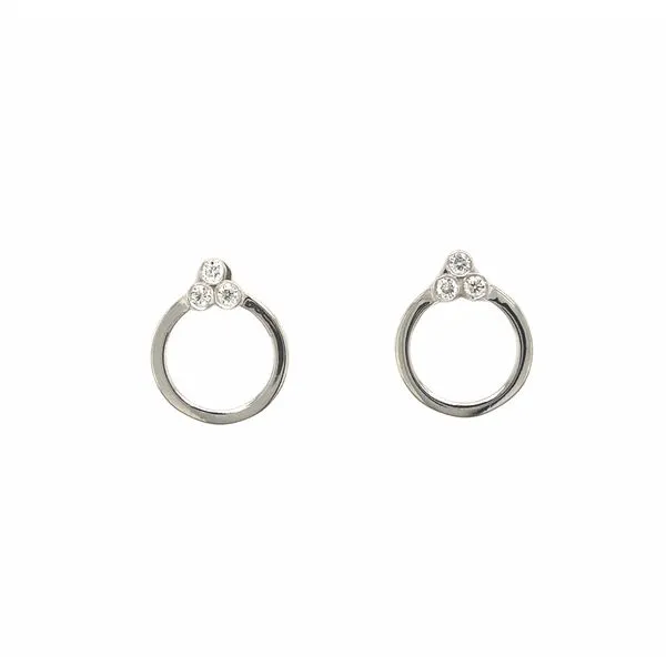 14k white gold 0.07 cttw diamond earrings with open circle design and bezel set stones. Heavy friction backings Hudson Valley Goldsmith New Paltz, NY