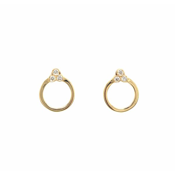 14k yellow gold 0.07 cttw diamond earrings with open circle design and bezel set stones. Heavy friction backings Hudson Valley Goldsmith New Paltz, NY