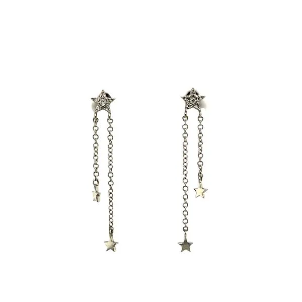 14k white gold post earrings featuring drop star designs and 0.05cttw round diamonds hand set inside star design. Hudson Valley Goldsmith New Paltz, NY