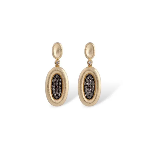 14K Yellow Gold textured and Brushed Finish Frame Earrings featuring 0.38ctw Brown Diamonds with white diamond accent Hudson Valley Goldsmith New Paltz, NY