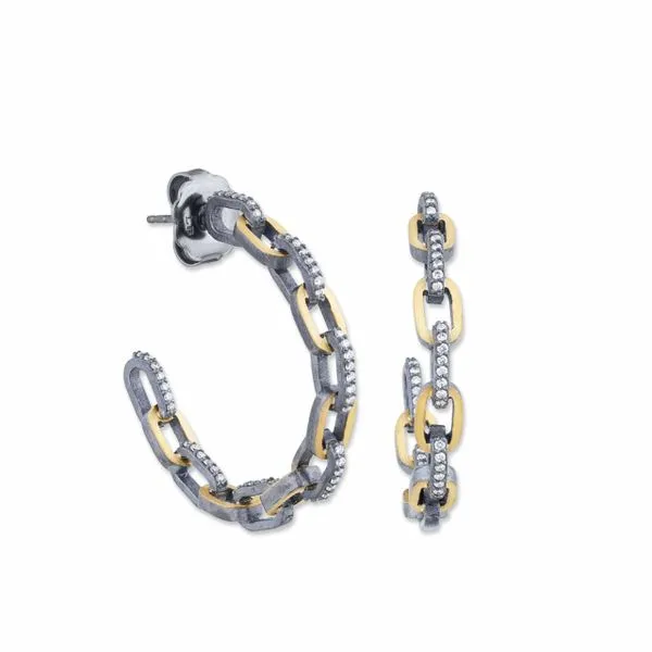 24k gold fusion and oxidized sterling silver 35mm hoop style earrings featuring 0.48cttw round brilliant diamonds set across the Hudson Valley Goldsmith New Paltz, NY