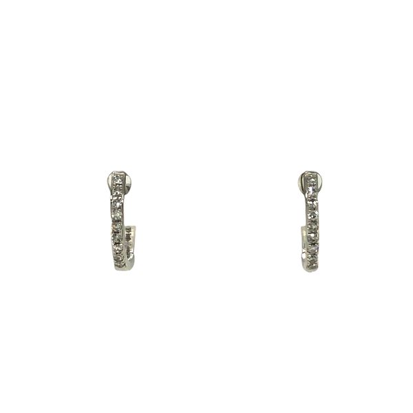 14k white gold small huggie hoop earrings featuring 0.06cttw diamonds set across the front of the earrings Hudson Valley Goldsmith New Paltz, NY