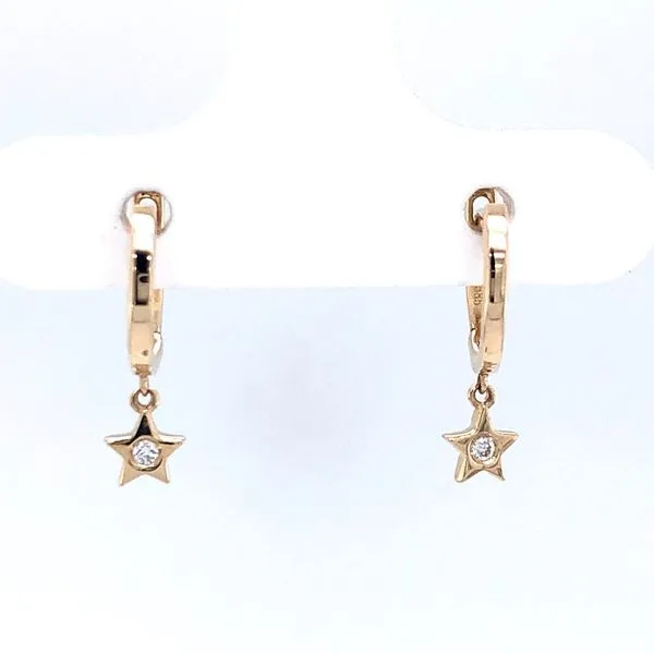 14K Yellow Gold Small Huggie Style Earrings with Star Drop and Diamonds Hudson Valley Goldsmith New Paltz, NY