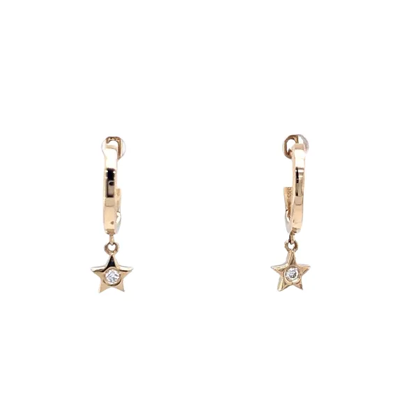 14k yellow gold small huggie style earrings featuring a star drop with flush set 0.02cttw diamonds in the center of the design Hudson Valley Goldsmith New Paltz, NY