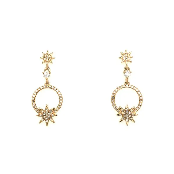 14k yellow gold earrings featuring 0.30cttw diamonds hand set along circle and burst patterns from drops on post earrings Hudson Valley Goldsmith New Paltz, NY