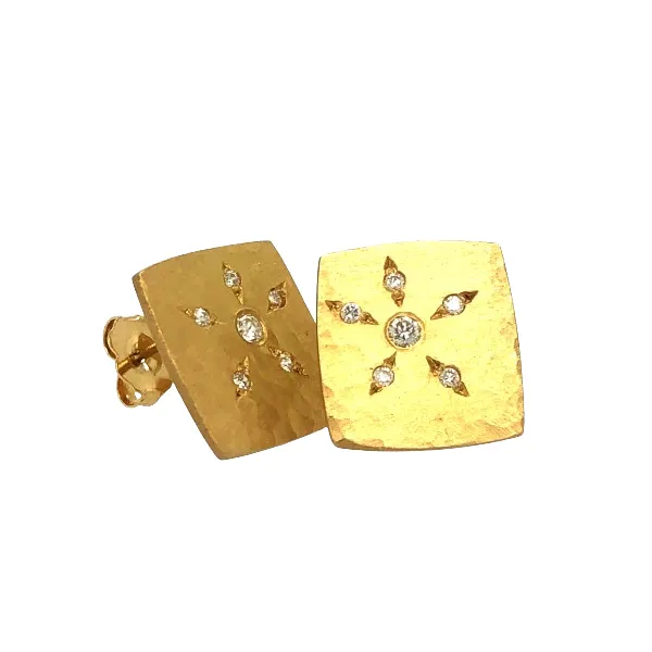 18K Yellow Gold Starburst Post Earrings featuring 0.15ctw Diamonds hand set along front of design, textured with a hammer finish Hudson Valley Goldsmith New Paltz, NY