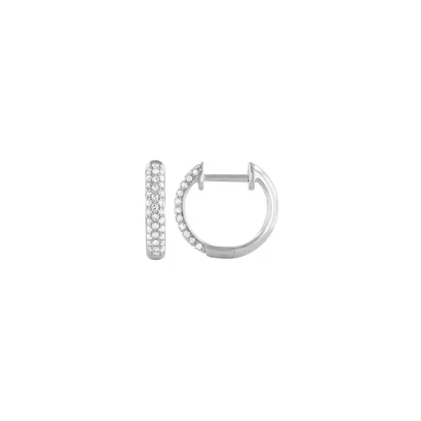 14k white gold huggie hoop earrings featuring pave set 0.21cttw diamonds set across the front of the earrings Image 2 Hudson Valley Goldsmith New Paltz, NY