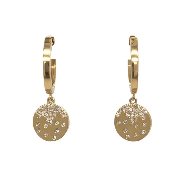 14K Yellow Gold Huggie Earrings With 0.14 ctw Diamonds Scatter Set On Dangling Discs, Satin Finish Hudson Valley Goldsmith New Paltz, NY