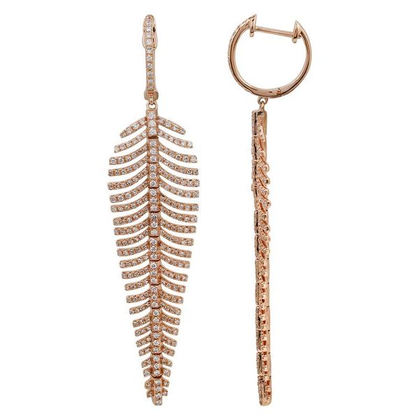 14 K Rose Gold Kinetic Feather Earrings Featuring 1.30 Ctw Diamonds<br>Huggie Height: 13mm / Feather: 15mm X 50.5mm / Total Earr Hudson Valley Goldsmith New Paltz, NY