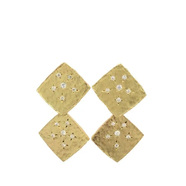 18K Yellow Gold double stargazer post earrings featuring 1/3cttw Diamonds hand set along front of design, textured with a hammer finish Image 2 Hudson Valley Goldsmith New Paltz, NY