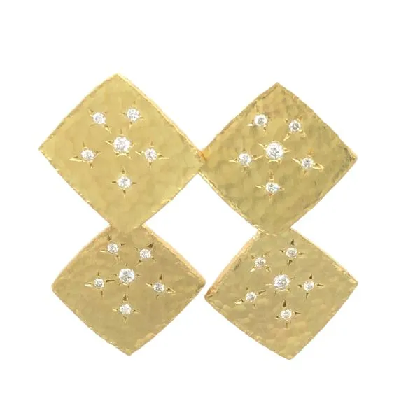 18K Yellow Gold double stargazer post earrings featuring 1/3cttw Diamonds hand set along front of design, textured with a hammer Hudson Valley Goldsmith New Paltz, NY