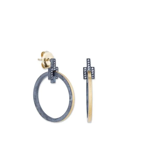 24K FUSION GOLD & OXIDIZED SILVER “DECK” CIRCLE EARRINGS WITH DIAMONDS SET IN 3 OXIDIZED SILVER BARS, 18k posts & backings,  Hudson Valley Goldsmith New Paltz, NY
