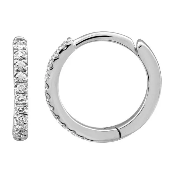 14k White Gold Diamond Mini Round Huggie Earrings 0.06cttw diamonds 10mm Hudson Valley Goldsmith New Paltz, NY