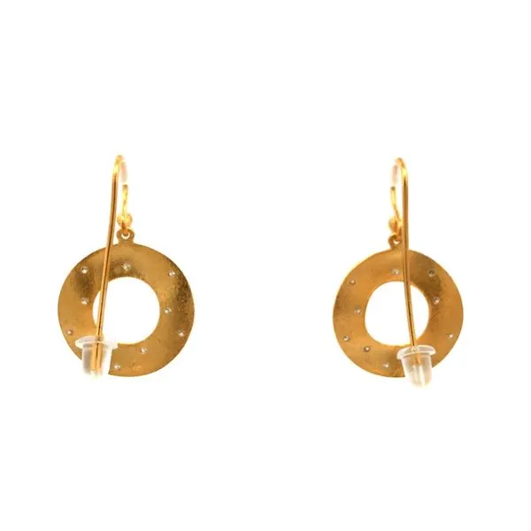 14k yellow brushed gold wire drop earrings with an open wavy disc design, featuring 0.10cttw round brilliant natural diamonds flush set through the designs Image 2 Hudson Valley Goldsmith New Paltz, NY
