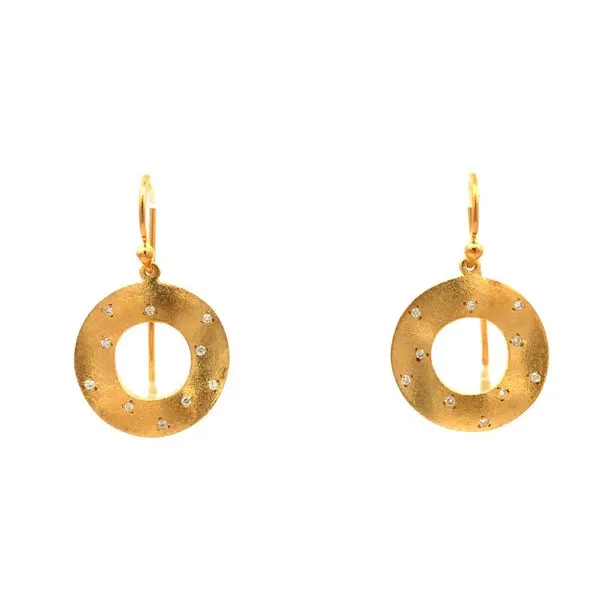 14k yellow brushed gold wire drop earrings with an open wavy disc design, featuring 0.10cttw round brilliant natural diamonds flush set through the designs Hudson Valley Goldsmith New Paltz, NY