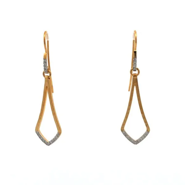 14k yellow brushed gold wire back drop earrings set with diamonds along top portion of earrings, brushed facted elongated gold design with diamonds pave set along bottom tier of each earring. 0.17cttw (G/H SI1) Hudson Valley Goldsmith New Paltz, NY