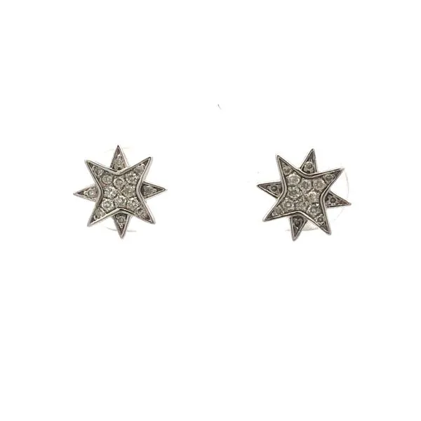 14k White gold starburst design earrings featuring 1/10cttw diamonds set on insides of pattern Hudson Valley Goldsmith New Paltz, NY